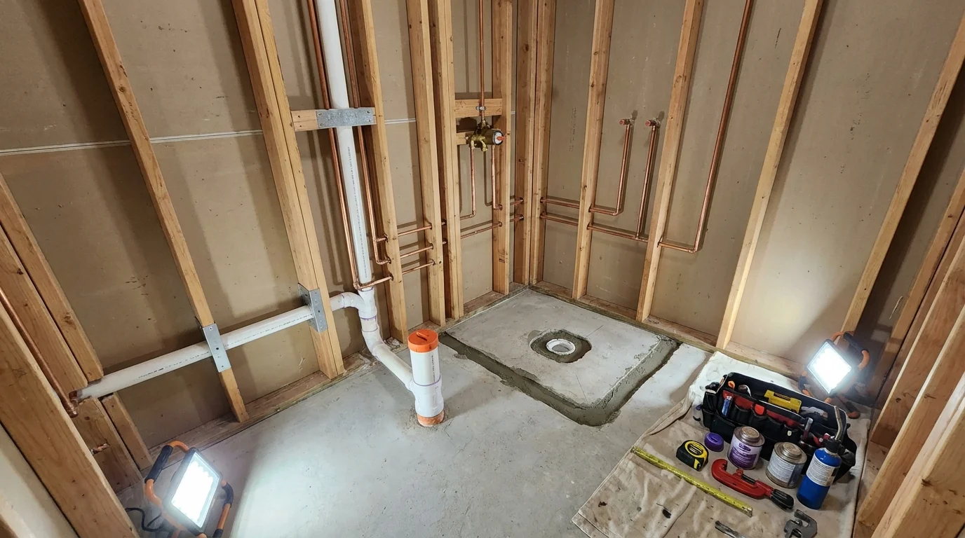 Bathroom rough-in plumbing during remodel by Johns Plumbing LLC in New London