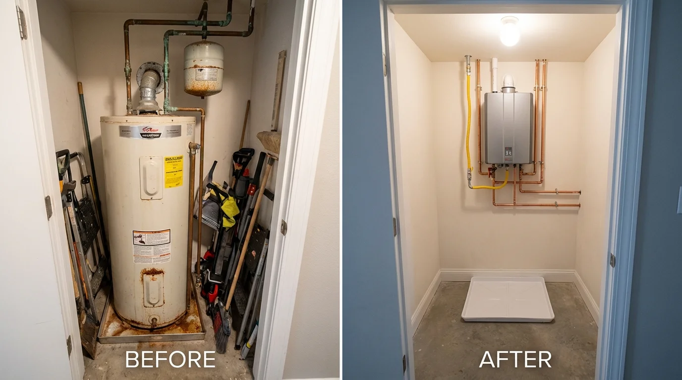 Tank water heater versus wall-mounted tankless unit comparison for New London, MN homeowners