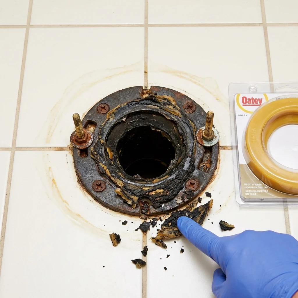 Failed wax ring showing water seepage at the base of a toilet in a New London, MN home