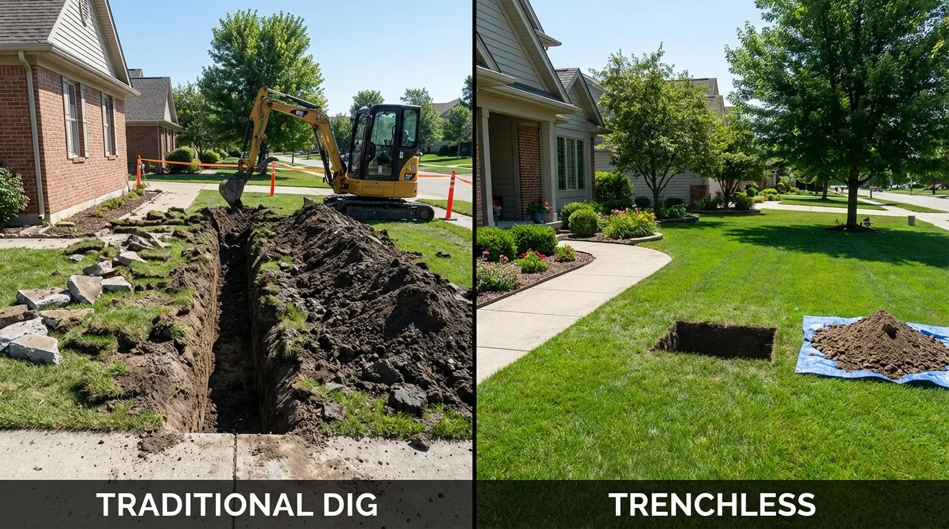 Trenchless sewer repair with minimal yard damage versus traditional excavation in New London, MN