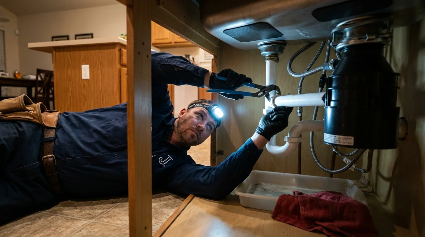 P-trap and supply line connections under a kitchen sink showing a common leak point in New London, MN